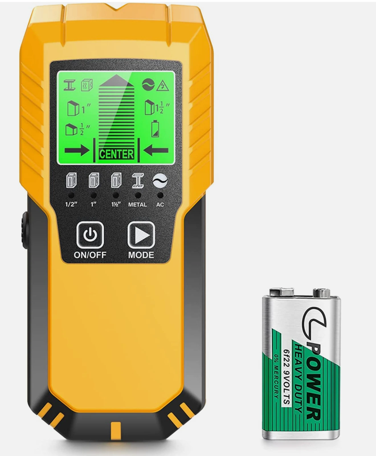 An electronic stud finder with its LCD screen displaying the exact center of a stud behind drywall.